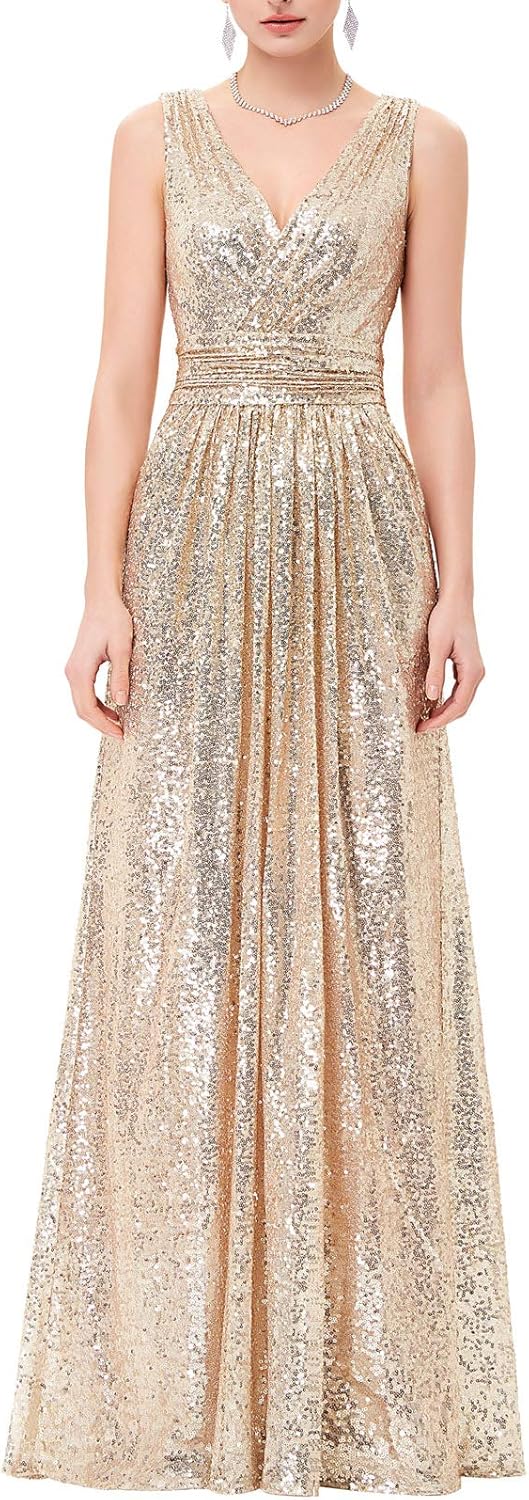 Kate Kasin Women Sequin Bridesmaid Dress Sleeveless Maxi Evening Prom Dresses: Clothing