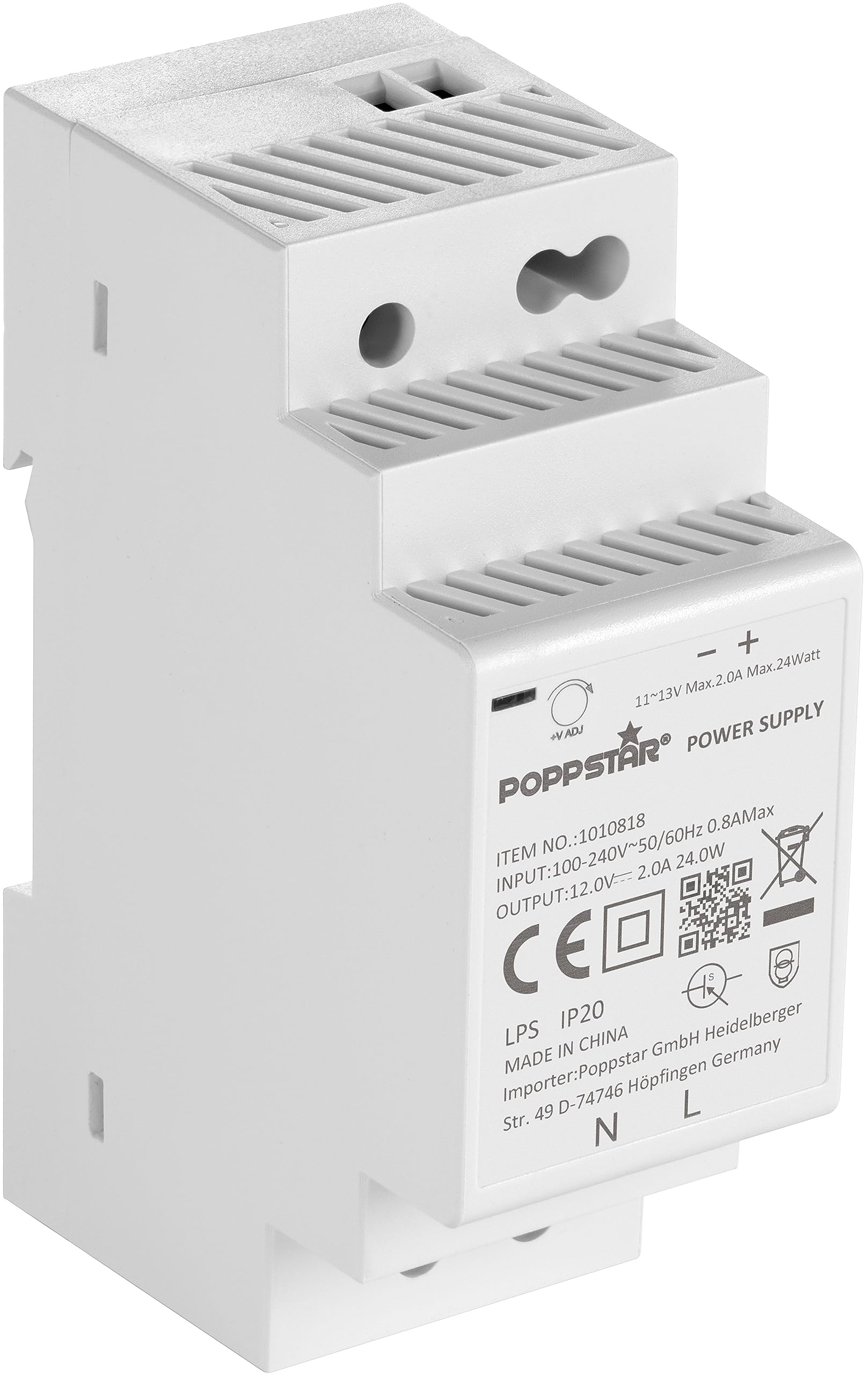 Poppstar DIN rail power supply unit P-30-12- 12V (output 12 V DC 2 A max. 24W, input 100-240 V AC 50/60 Hz)