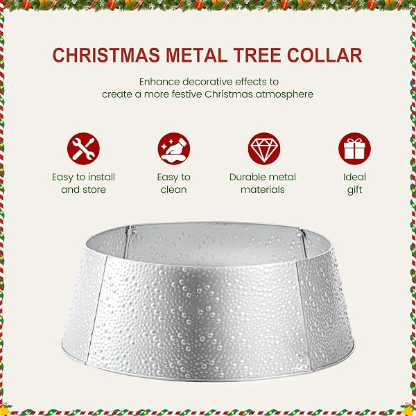 SWEETCRISPY 26INCH METAL CHRISTMAS TREE COLLAR, 4-PANEL BASE COVER FOR 7.5FT ARTIFICIAL TREES, SLIVER