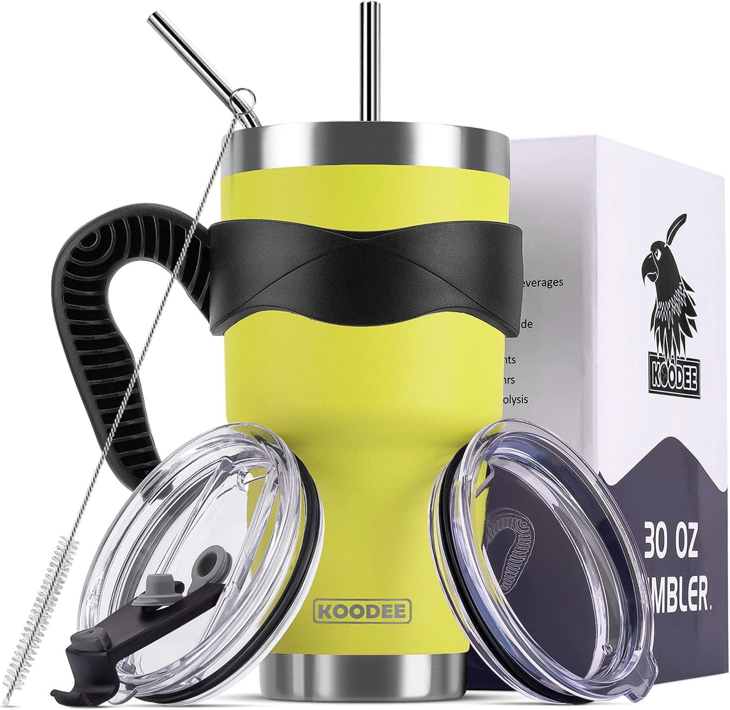 Koodee 30 oz Tumbler Stainless Steel Insulated Coffee Cup with Sip Lid and Straw Lid, 2 Straws, Pipe Brush, Handle (30 oz, Lemon Yellow)