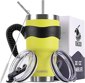 Koodee 30 oz Tumbler Stainless Steel Insulated Coffee Cup with Sip Lid and Straw Lid, 2 Straws, Pipe Brush, Handle (30 oz, Lemon Yellow)