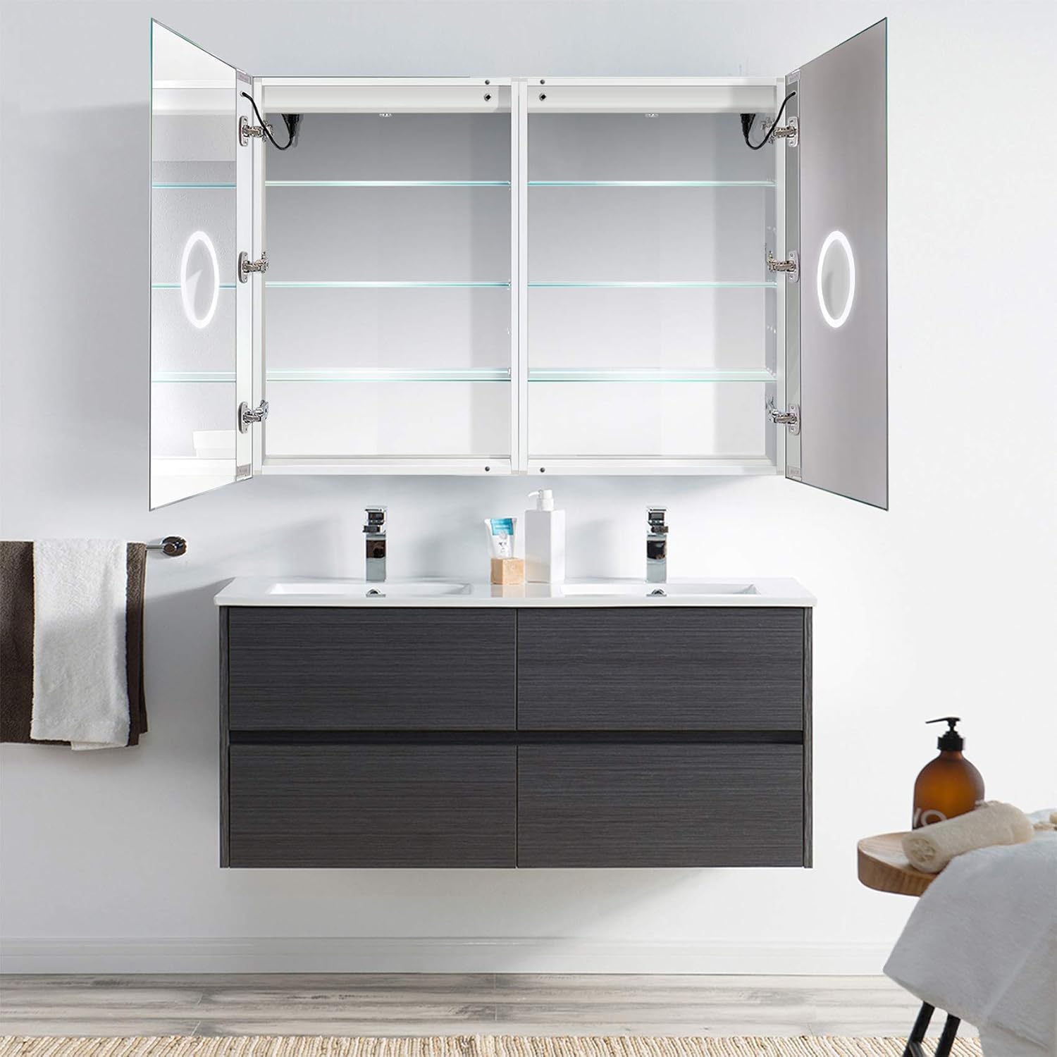 Amazon Com Led Medicine Cabinet 48 Inch X 36 Inch Recessed Or Surface Mount Mirror Cabinet W Dimmer Defogger 3x Makeup Mirror Inside Outlet Usb Kitchen Dining