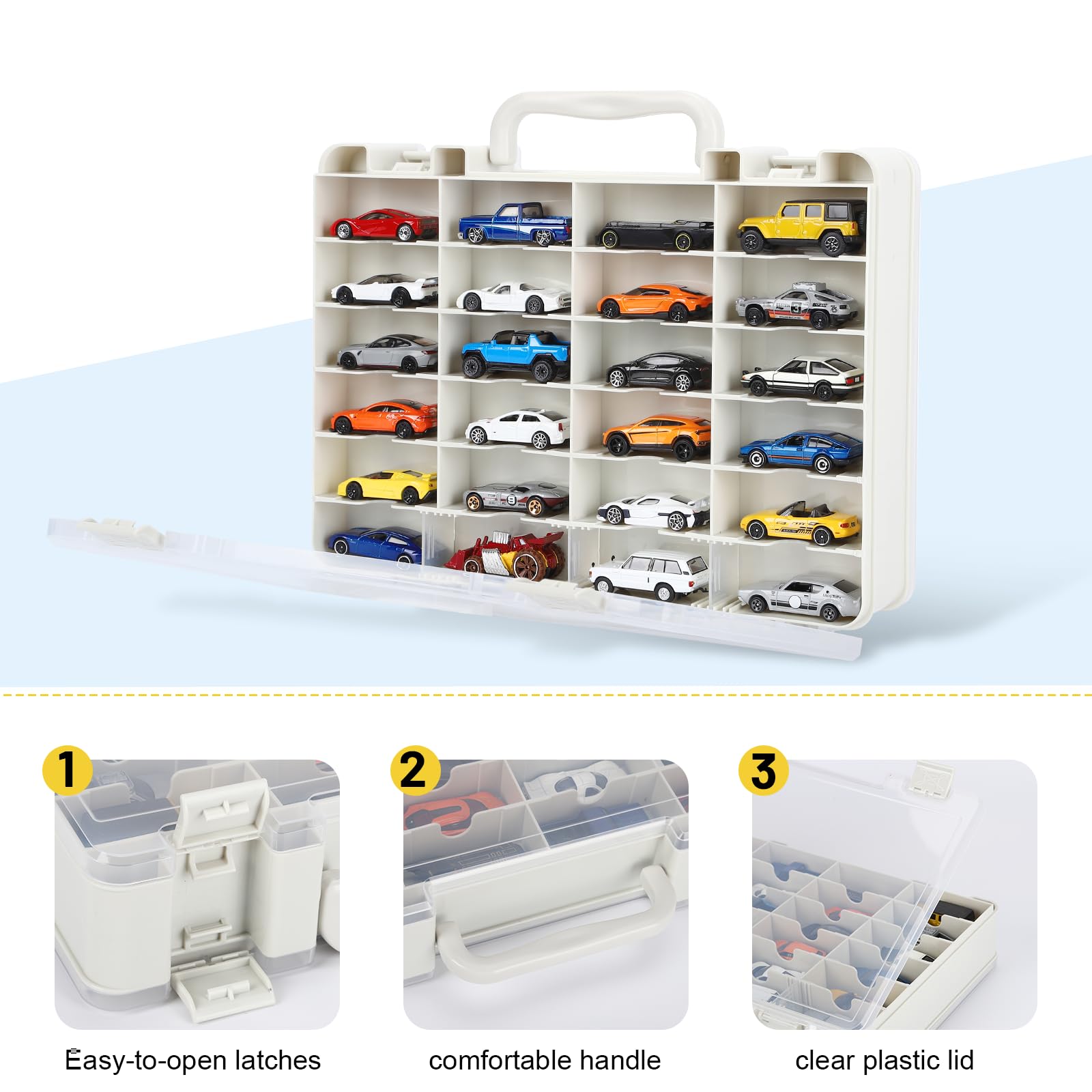 Storage Case for Hot Wheels - Carrying Display Case for 1/64 Scale Toy Cars, 48-Slot Double-Sided Transparent Organizer with Built-in Steps Prevent Sliding & Adjustable Dividers