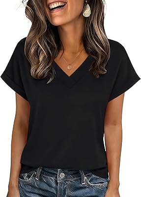 Zeagoo Womens Summer Tops Rolled Short Sleeve V Neck Shirts Casual Dressy Business Work Blouses Outfits