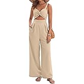 AGERWAY Womens Summer Jumpsuits Dressy Sexy V Neck Twist One Piece Outfits Sleeveless Casual Wide Leg Long Pant Rompers