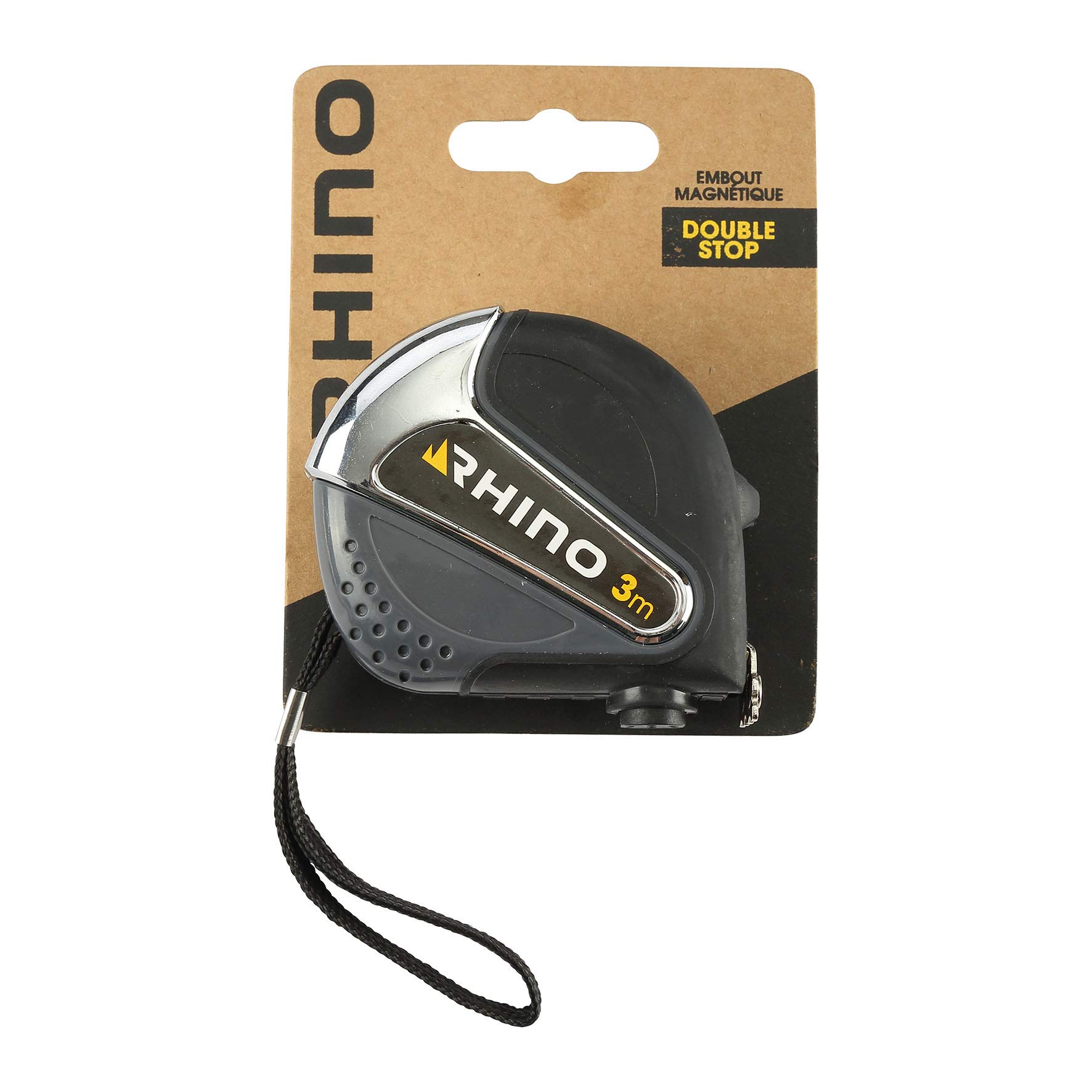 RHINO - 3 m Tape Measure with Magnetic tip (magnetized) with Double Stop Hook for Belt - EU Mid Class II Standard - Length 3 m x Width 16 mm - NC, 16 mm
