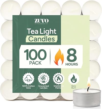 Zuvo 8 Hour Tea Lights Candles 100 Pack Unscented White 3.8x2.3 cm
