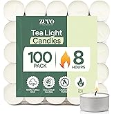 Zuvo Tea Lights Candles 8 Hour Burn (100 Pack) - Unscented White Tealight Candles, Long Burning Smokeless Tea Lights for Wedd