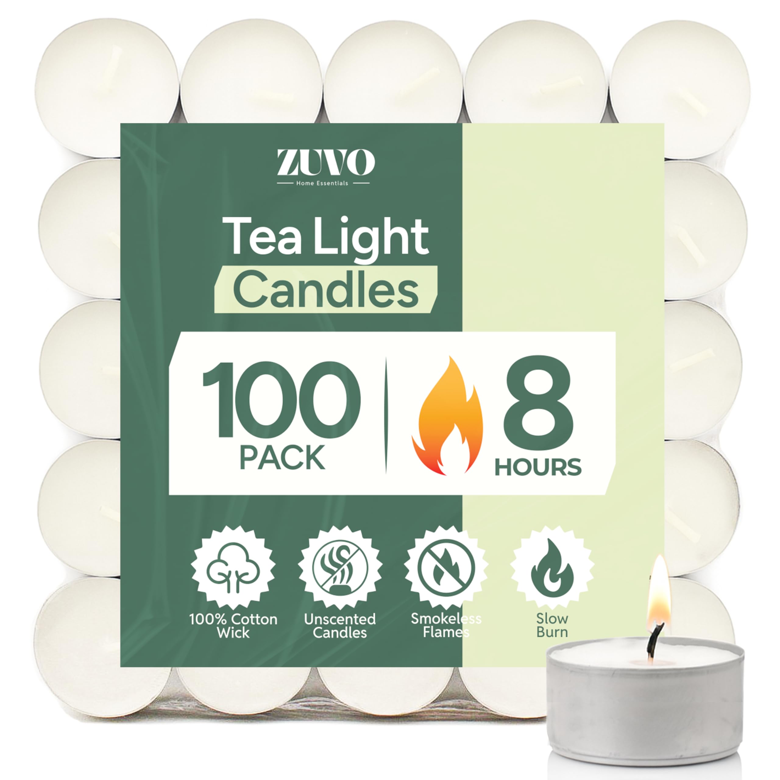 Zuvo [ 100 Pack] Tea Light Candles 8 Hour Burn Time White Unscented 3.8Cm x 2.3 cm 23 g (100 Pack), 90129c
