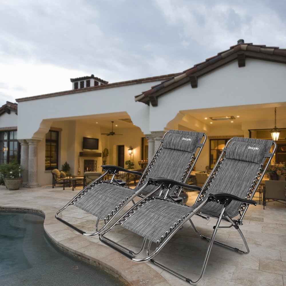 Bonnlo Infinity Zero Gravity Chair, Outdoor Lounge Patio Chairs with Pillow and Utility Tray Adjustable Folding Recliner for Deck, Patio, Beach, Yard Pack 2 : Garden & Outdoor