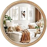 sawsile Round Wood Mirror,24 inch Circle Rustic Farmhouse Natural Wooden Frame Boho Beads Wall Mirror for Bathroom,Living Room,Bedroom or Entryway