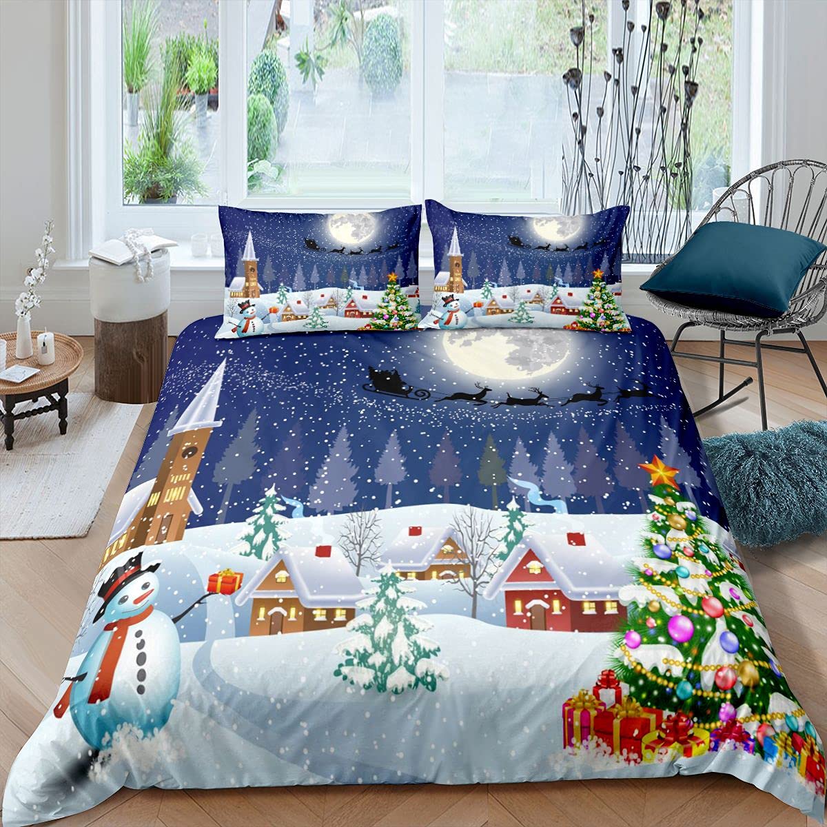 Christmas Theme Duvet Cover Cute Snowman Pines Bedding Set for Kids Boys Girls Galaxy Cartoon Comforter Cover Festival Present Bedspread Cover with 1 Pillowcase 2Pcs Single