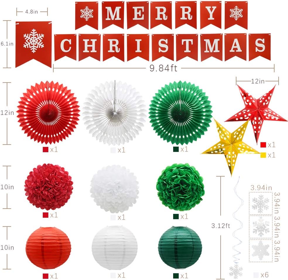 Christmas Party Decorations, Merry Christmas Banner, Hanging Swirls, Hollow Star Lanterns, Paper Fans, Pom Poms Flower Balls, Paper Lanterns for Birthday Wedding Xmas New Years Eve Party Supplies: Health & Personal Care