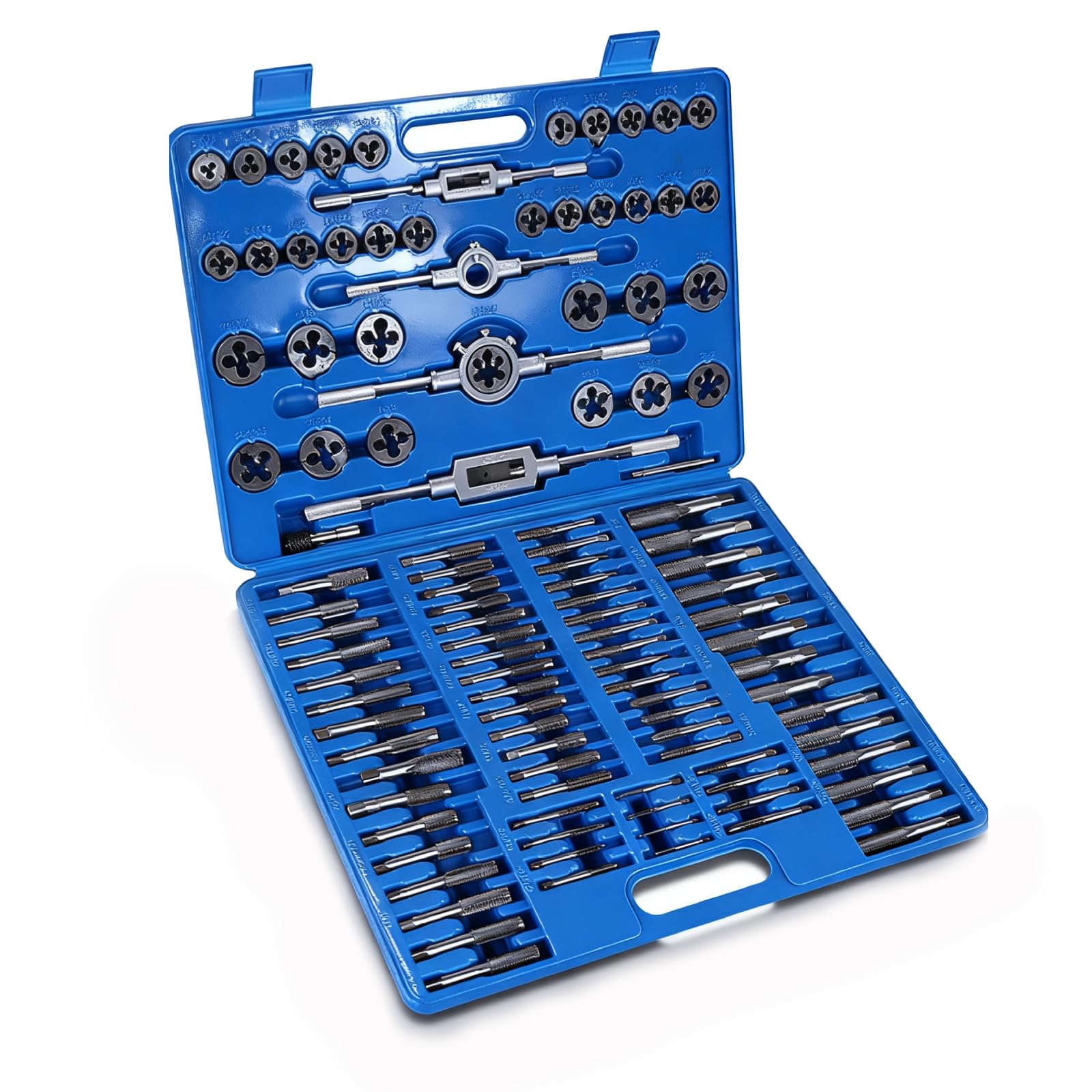 Die and Tap Set, 110pcs Heavy Duty High Speed Steel HSS Metric M2-M18 Screw Nut Thread Taps Dies Hand Tools Kit Adjustable Wrenchs with Wrench Handle Stord in a Handy Carry Case