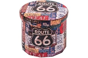 B FSOBEIIALEO Folding Storage Ottoman Round, Faux Leather Footrest Stool Seat, Storage Organizer Toy Chest 15" (Route 66 Barr