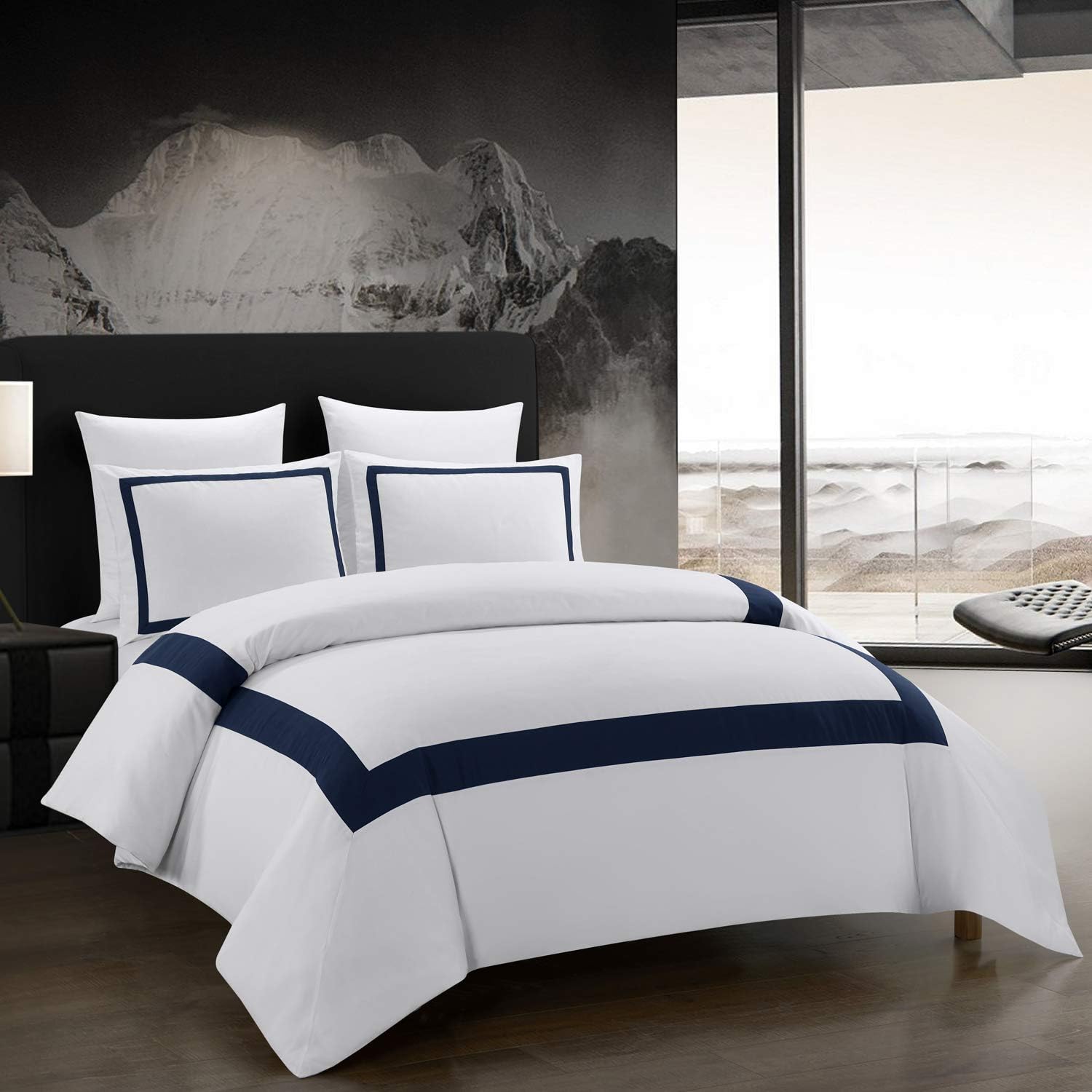 OSVINO Hotel Duvet Cover Set 2Pcs Microfiber Simple Line Style Bedding Set Ultra Soft Quilt Cover Set with Pillowcases, Navy, Single — image 1