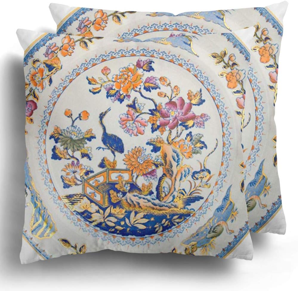 Throw Pillow Covers Set of 2 Antique Early 19Th Century Staffordshire Plate Exotic Chinoiserie Genuine Cushion Pillowcase Case Home Decor 20 x 20 Inches