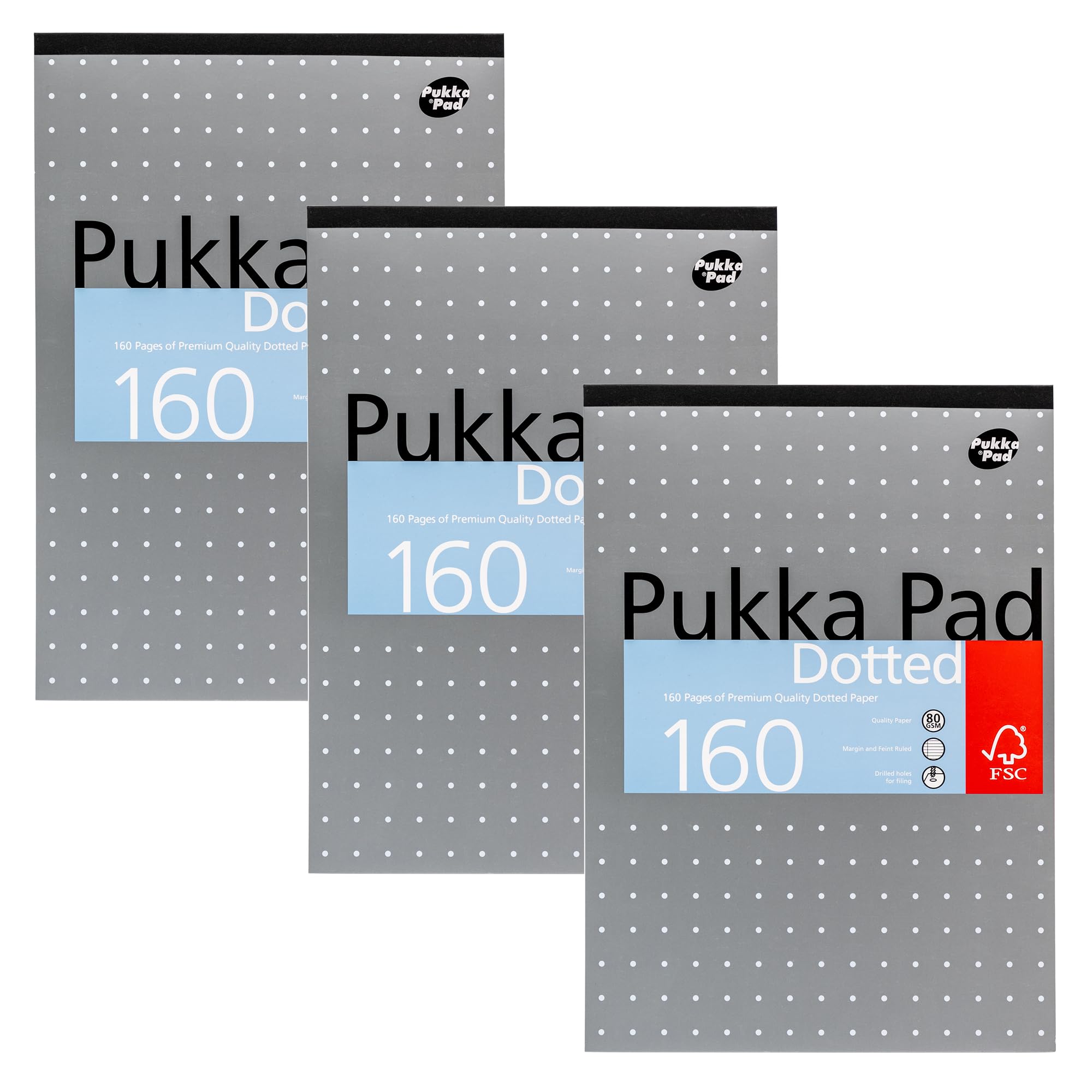 Pukka Pad, A4 Dotted Refill Metallic Notepad for Graphing, Art, Bullet Journaling – 3 Pack – 29.7 x 21cm – Tape-Bound Notebook with 80GSM Paper, 4-Hole Margins and Perforation – 160 Pages, Silver — image 1