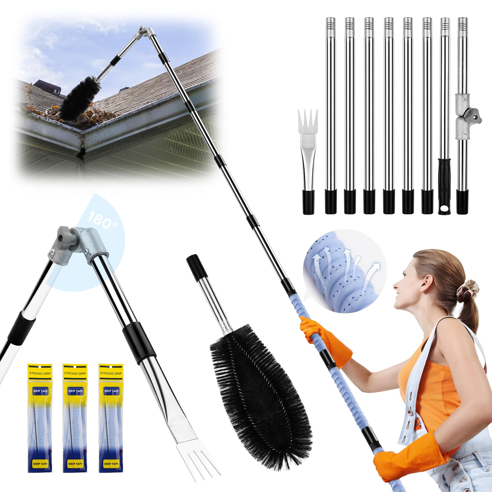 Photo 1 of 11.8 FT Gutter Cleaning Tools From The Ground, Adjustable Rain Gutter Cleaning Pole with Gutter Brush & Shovel, Roof Gutters Cleaner Tool with Grip Tapes