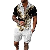S Gold Black Whte Color Mixed Paisley Pattern Mens Short Sets 2 Piece Outfits Fashion Summer Tracksuits Casual Set Polo Shirt Short Sleeve and Shorts Set