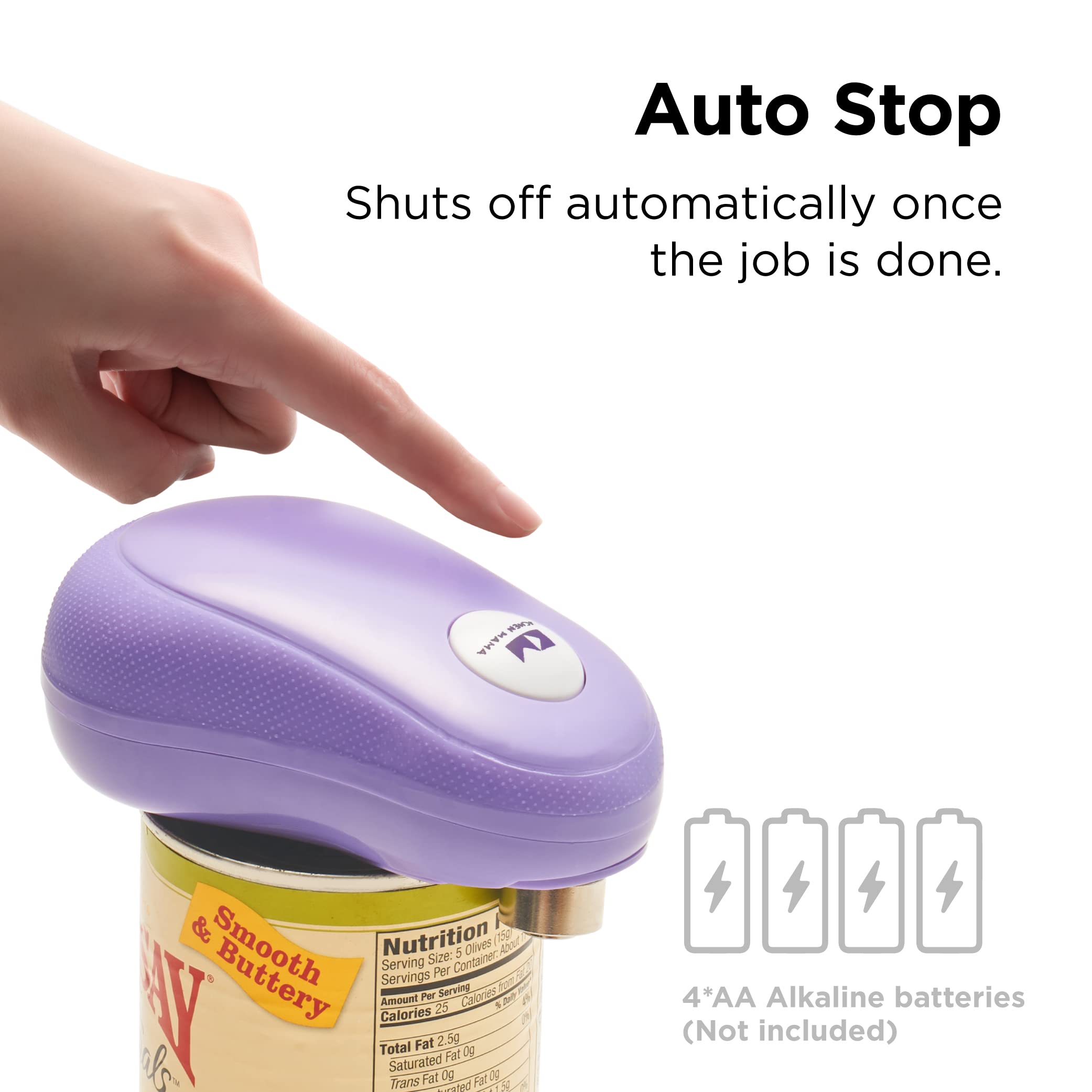 Kitchen Mama One Touch Electric Can Opener: Open with Simple Press of A Button - Auto Stop As Task Completes, Ergonomic, Smooth Edge, Food-Safe, Battery Operated (Purple)