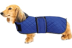 Geyecete Warm Thermal Quilted Dachshund Coat, Dog Winter Coat with Warm Fleece Lining, Outdoor Dog Apparel with Adjustable Bands for Medium, Large Dog-Blue-S