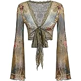 WDIRARA Women's Floral Mesh Sheer Tie Front Crop Top Vintage Lace Trim Long Bell Sleeve Shirts