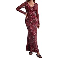 WDIRARA Women's Paisley Print Cut Out Fishtail Maxi Dress - Long Sleeve V Neck Bodycon Western Dresses