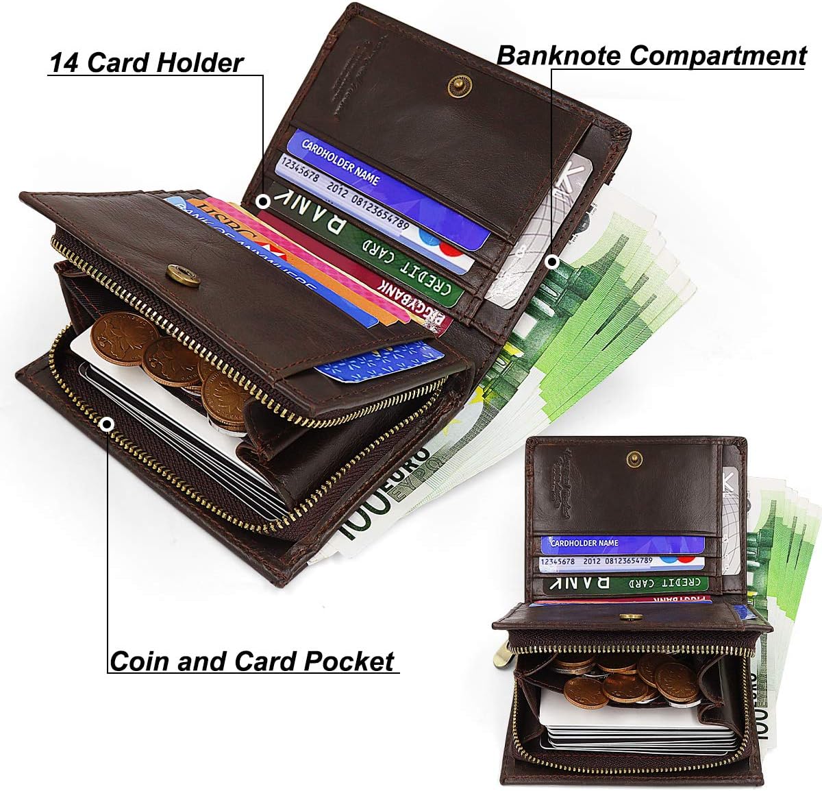 HNOOM Mens Wallet RFID Blocking Genuine Leather Wallet with Chain Bifold Slim Wallets for Men 14 Card Holder and Zipper Coin Pocket - Image 3