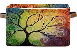 DUSSDIL Rainbow Tree Of Life Storage Basket Art Floral Storage Organizer Box Bin Large Collapsible Cube Baskets with PU Handles for Shelf Closet Nursery Laundry 1 Pack