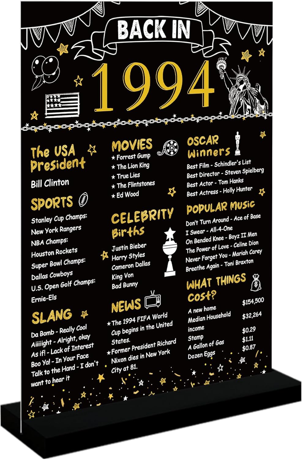 Wall Décor - DARUNAXY Black Gold 30th Birthday Gift for Men, Back in 1994 Poster Acrylic Sign with Stand for Women One-sided 30 Years Old Party Decoration Vintage 1994 Party Supply 30th Class Reunion Decor