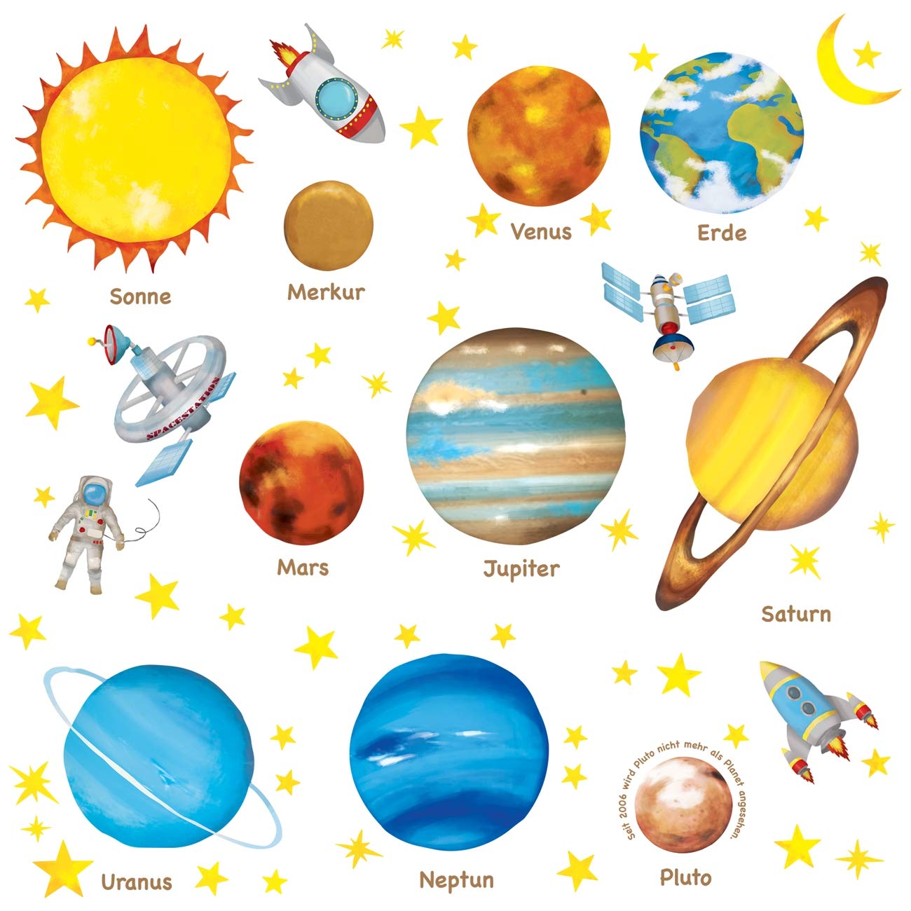 DECOWALL DW-1307DE German Planets in The Space Kids Wall Stickers Decals Peel and Stick Removable for Nursery Bedroom Living Room Art murals Decorations