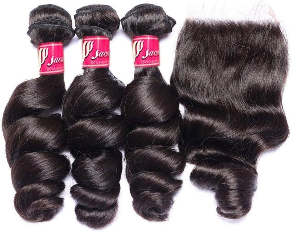 SAOMAI®Unprocessed 7A Brazilian Virgin Human Hair Loose Weave 3 Bundles Hair Extensions With Lace Frontal Closure Natura lHair Bundles100g/bundle (16''16''16''+12'', free part closure)