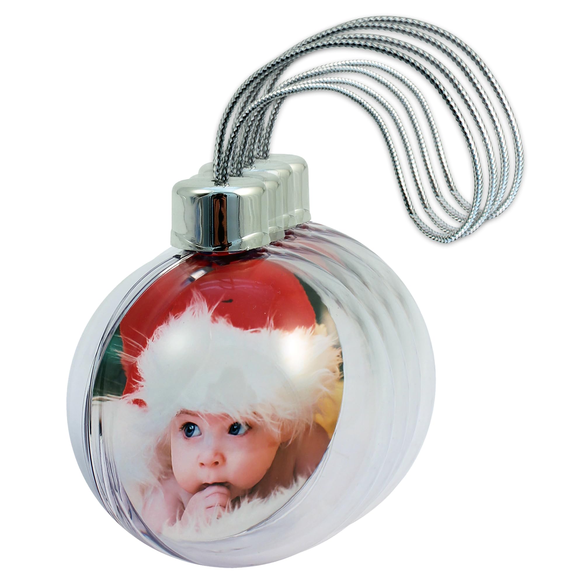 Bauble Pack of 4, Christmas Photo Baubles, Clear Photo Frame Tree Decoration each holds 2 x 80 mm photos - Ideal Personalised Gifts, Create your own Bauble (Silver)