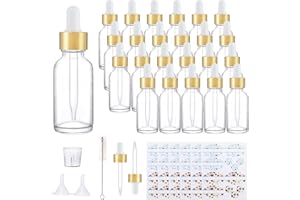 Comrzor 24 Pack 1oz Clear Glass Bottles with Golden Top Eye Droppers for Essential Oils, Perfumes (Brush, Funnels, 2 Extra Dr