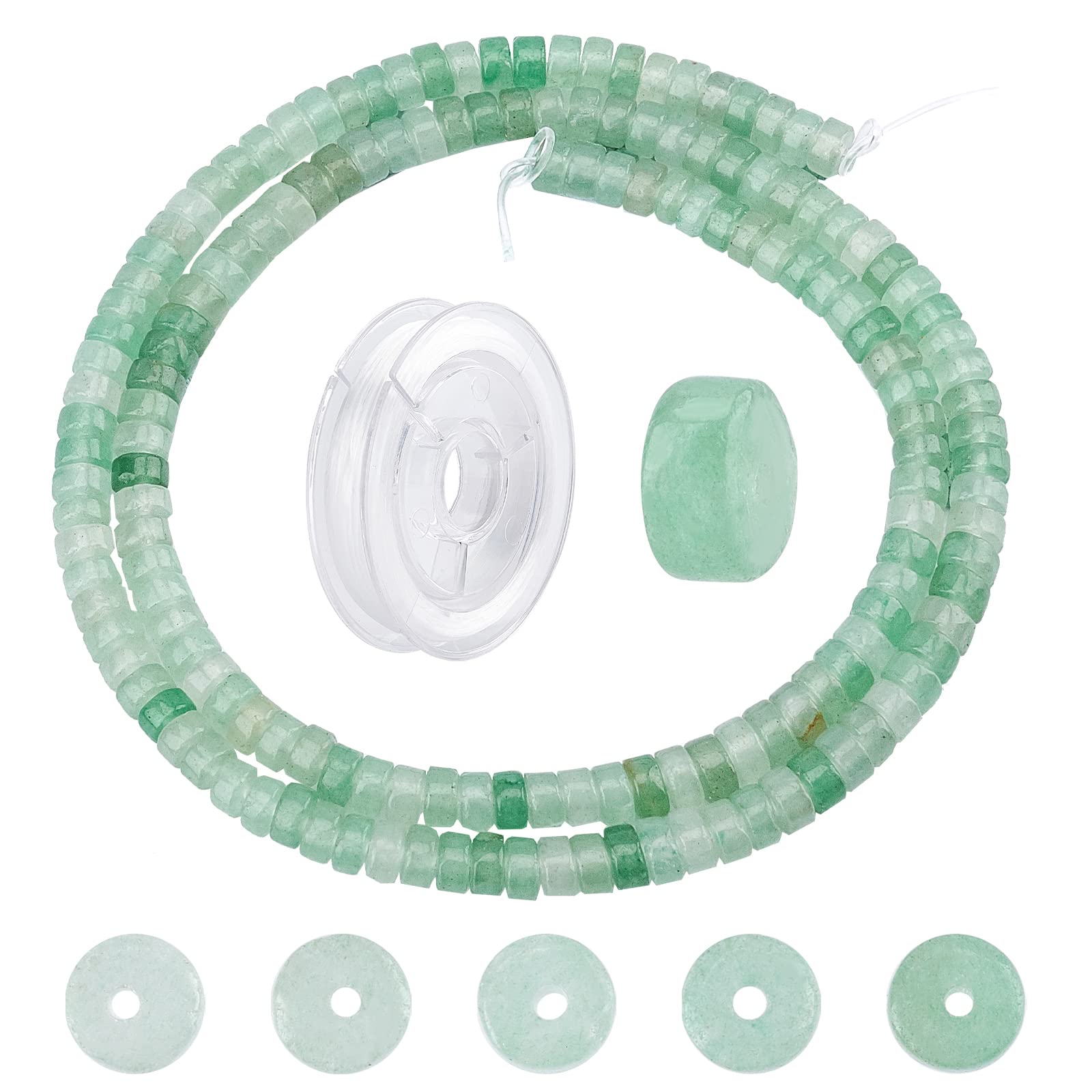 SUNNYCLUE 1 Box 160Pcs Natural Stone Heishi Beads Disc Green Aventurine Beads Flat Round Coin Stone Gemstone Beaded with 10 Yards Elastic Thread for Jewellery making Craft Bracelet Earrings Necklace