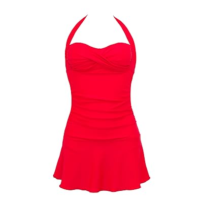 Domy Womens Plus Size Swimwear Retro Halter Top Vintage One Piece Swimsuit with Skirt