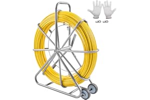VEVOR Fish Tape Fiberglass, 656 ft, 5/16 in, Duct Rodder Fishtape Wire Puller, Cable Running Rod with Steel Reel Stand, 3 Pulling Heads, Fishing Tools for Walls and Electrical Conduit, Non-Conductive