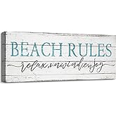 Pureluca Vintage Beach Rules Signs Relax Unwind Enjoy Canvas Wall Art Summer Blue Plaque with Quote Sayings Art Rustic Farm House Style Beach Bathroom Wall Hanging Decor Sign 6 x 17 Inches Framed