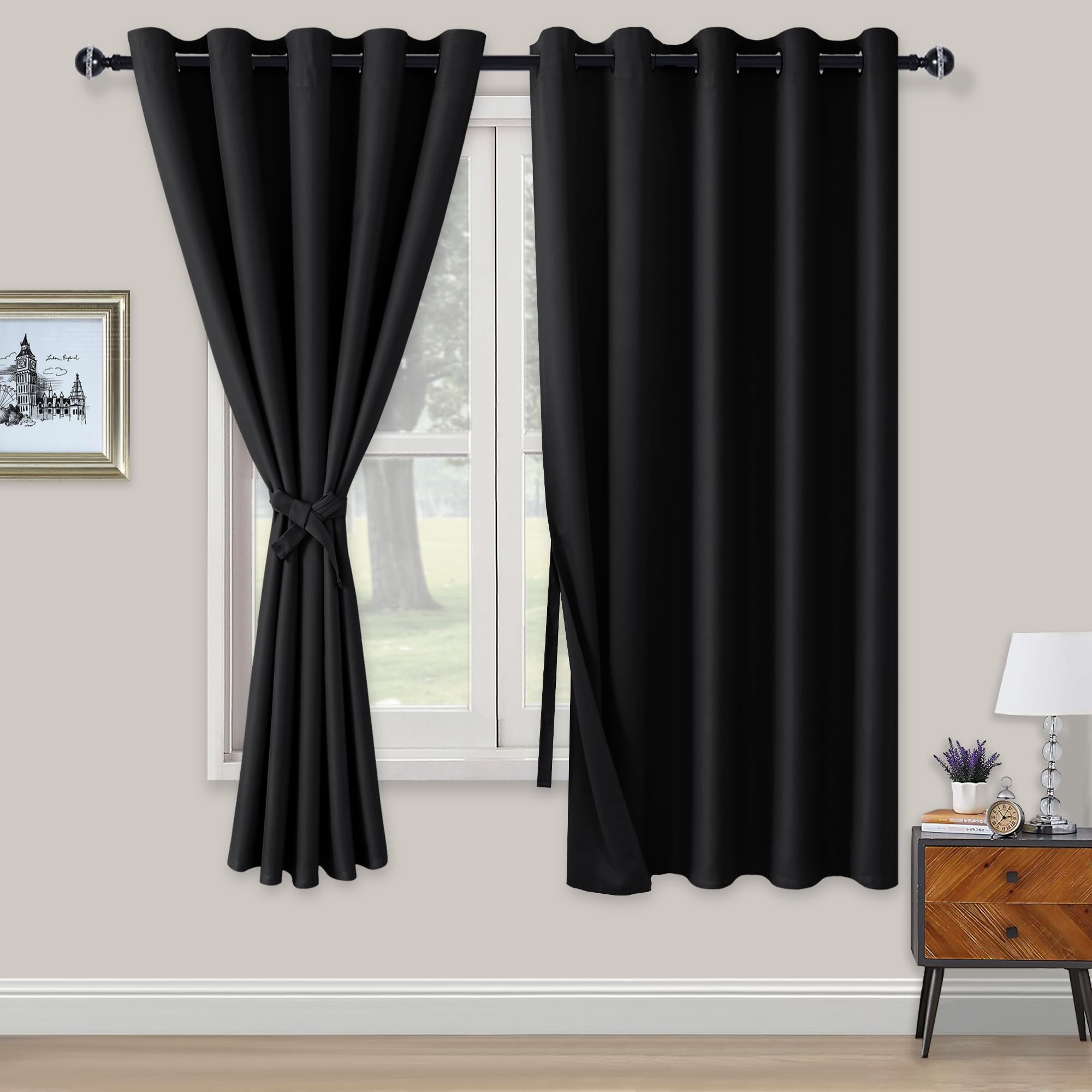 XWZO Blackout Curtains Shades Window Curtain Panels with Tiebacks- Noise Reduction and Thermal Insulated Eyelet Curtains for Bedroom,Living Room,Office,Study Room Black W66xL72
