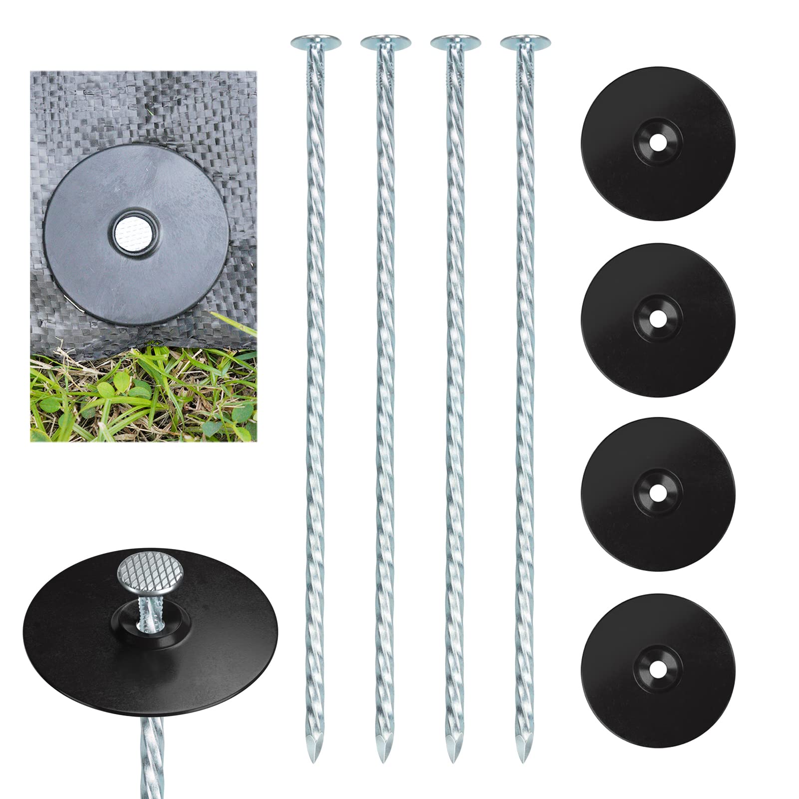 Photo 1 of EISENSP 8 Inch Heavy Duty Landscape Stakes with Gasket Caps - 100 Sets Galvanized Spiral Garden Spikes Kit for Securing Weed Barrier Fabric, Artificial Turf, Tent and More
