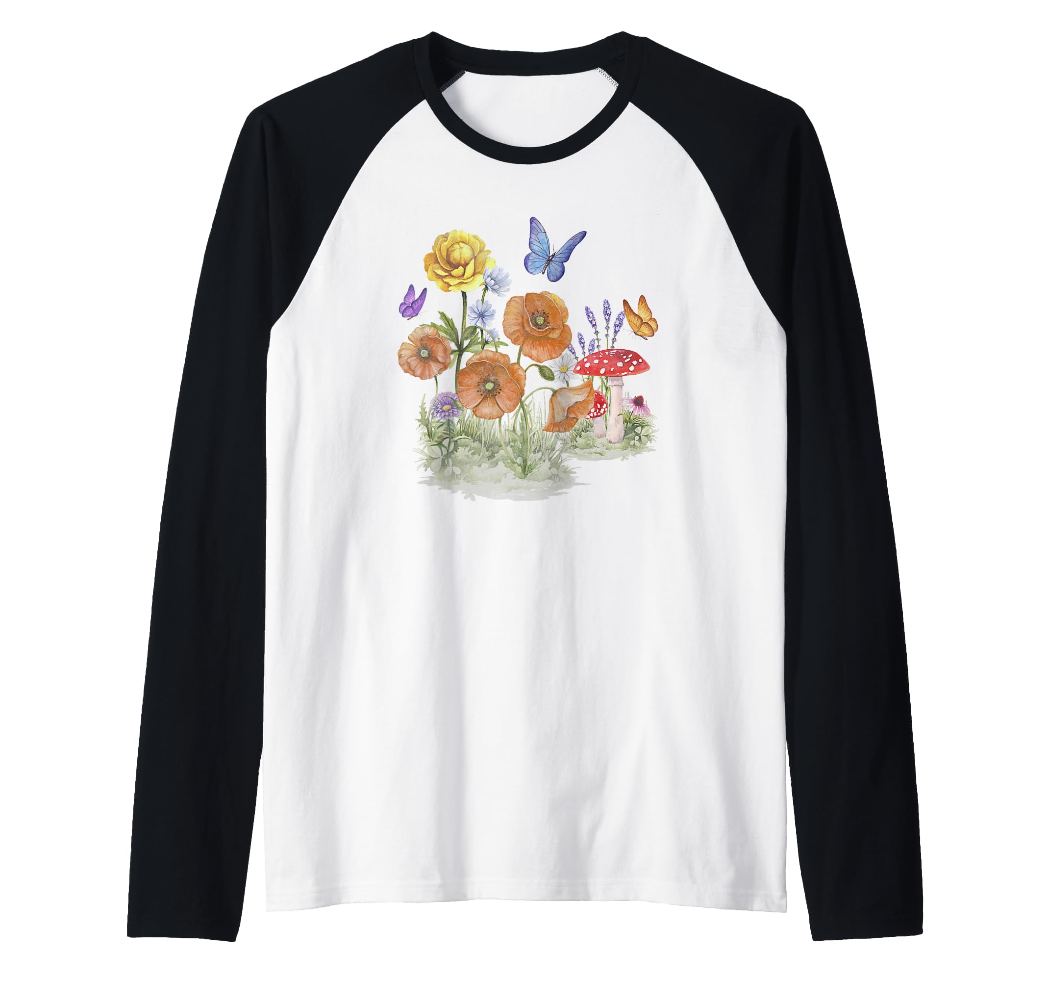 Butterflies, Flowers, Mushrooms Raglan Baseball Tee