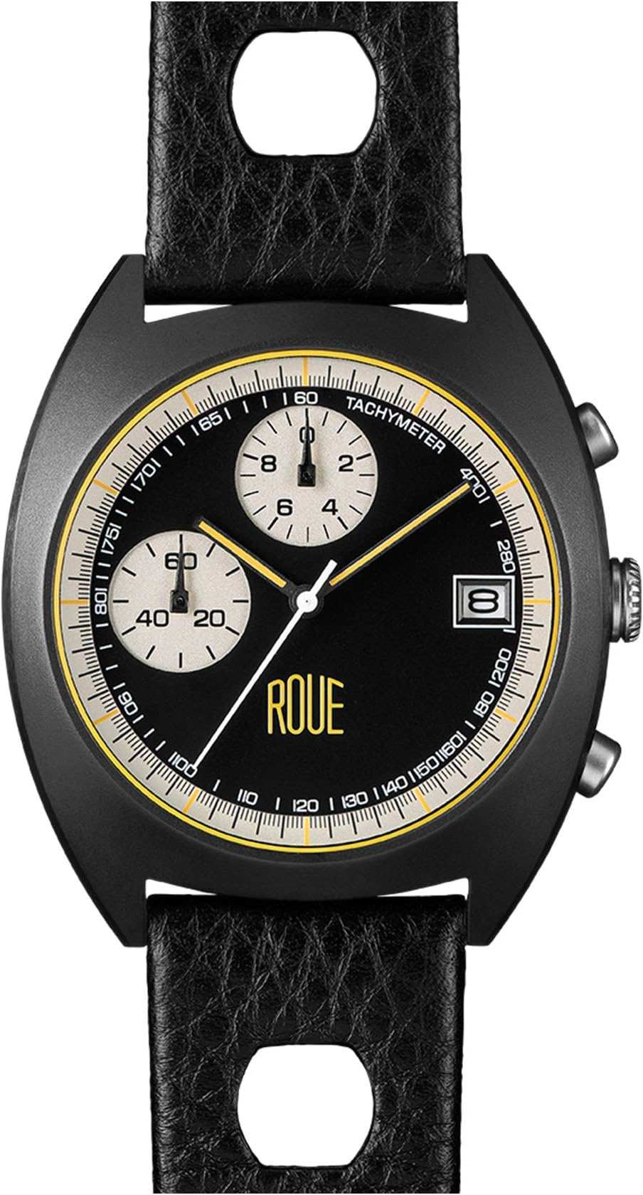 Roue CHR Chronograph Men's Watch, 1970s Racing Style, 41.5mm Sand Blasted Stainless Steel case, Silicone + Soft Leather Straps, Sapphire Crystal with Anti-Reflective Treatment Glass