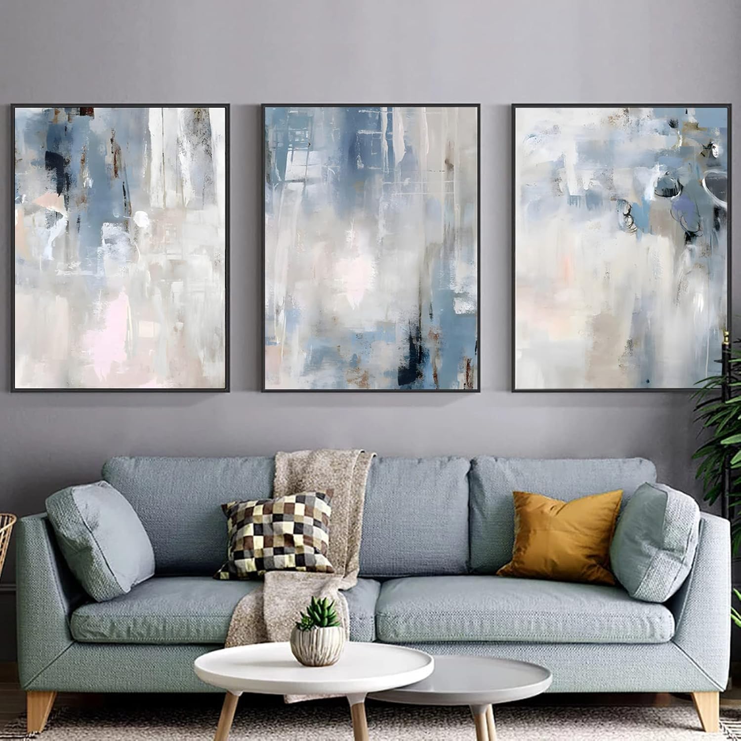 Paintings - Blue and White Abstract Wall Art Texture Canvas Wall Art Modern Abstract Artwork for Living Room Abstract Blue Oil Painting on Canvas Blue Grey White Canvas Minimalist Oil Painting 16x24inchx3 No Frame