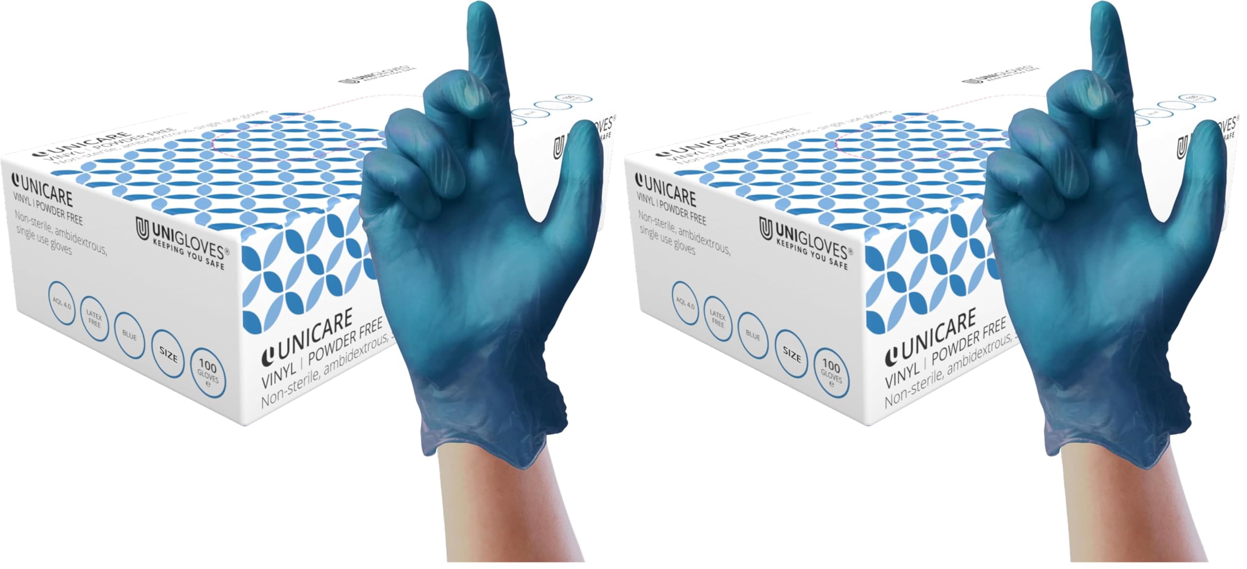 UNIGLOVES GS0083 Examination Gloves, Blue Vinyl-Powder Free, Medium, Set of 100 (Pack of 2)