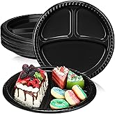 Teenyyou 50 Pcs 10 Inch Plastic 3 Compartment Divided Plates Heavy Disposable Plates Duty Round Dinner Plates with Dividers for Wedding Birthday Party Dinnerware(Black)