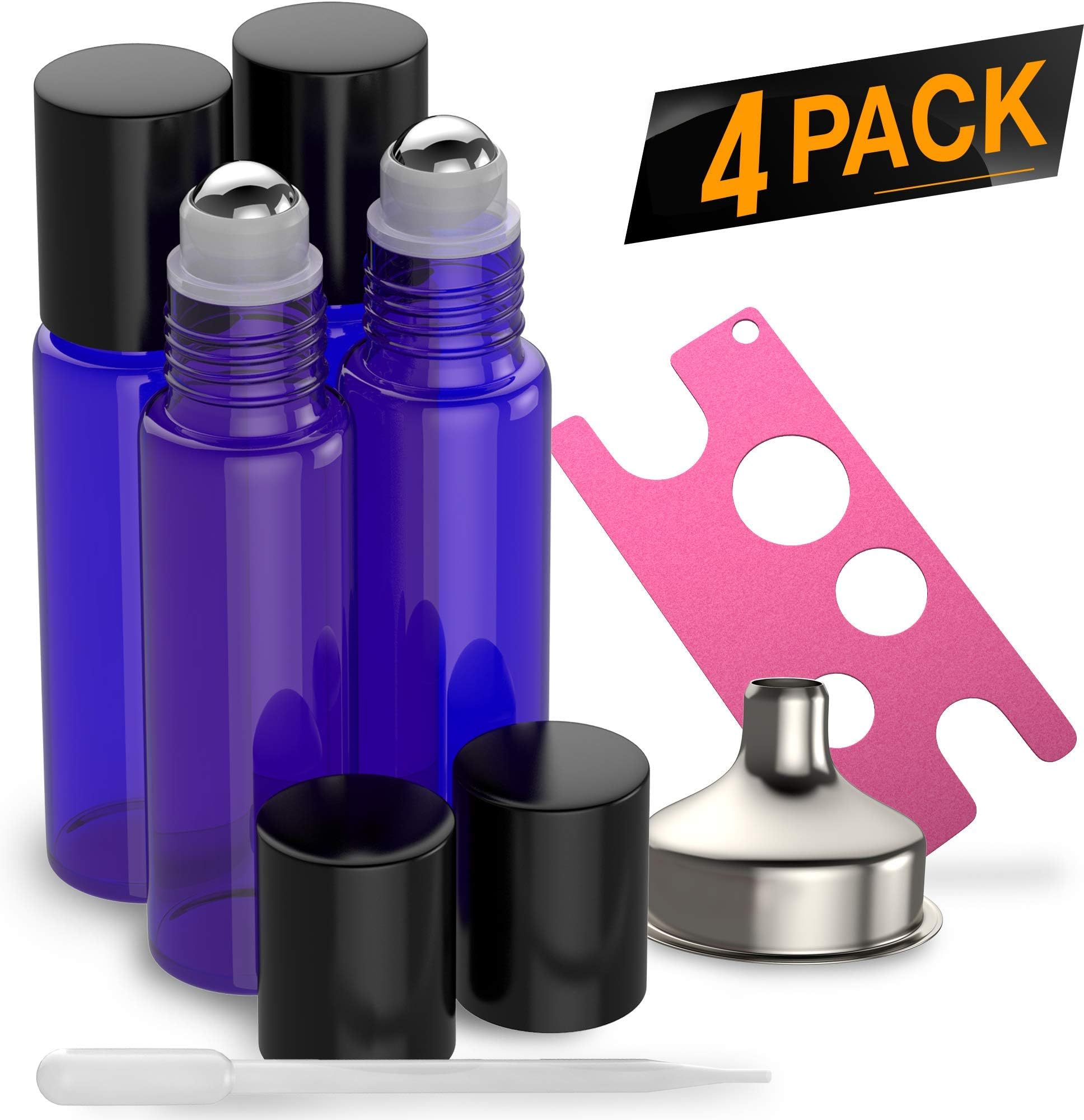 4 Pack - Essential Oil Roller Bottles [Metal Chrome Roller Ball] FREE Plastic Pippette, Funnel and Bottle Opener Refillable Glass Color Roll On for Fragrance Essential Oil - 10 ml 1/3 oz (Blue)