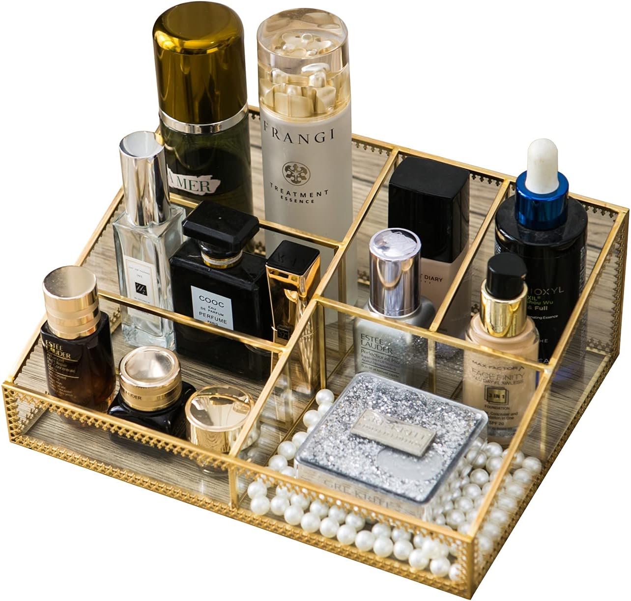 Smart Wyche Large Glass Makeup Organizer Gold Cosmetic Storage Display Case with 6 Compartments for Brushes Lipstick Perfume Concealers, Makeup Holder for Bedroom Bathroom, Easy Visibility - Metal: Home Improvement