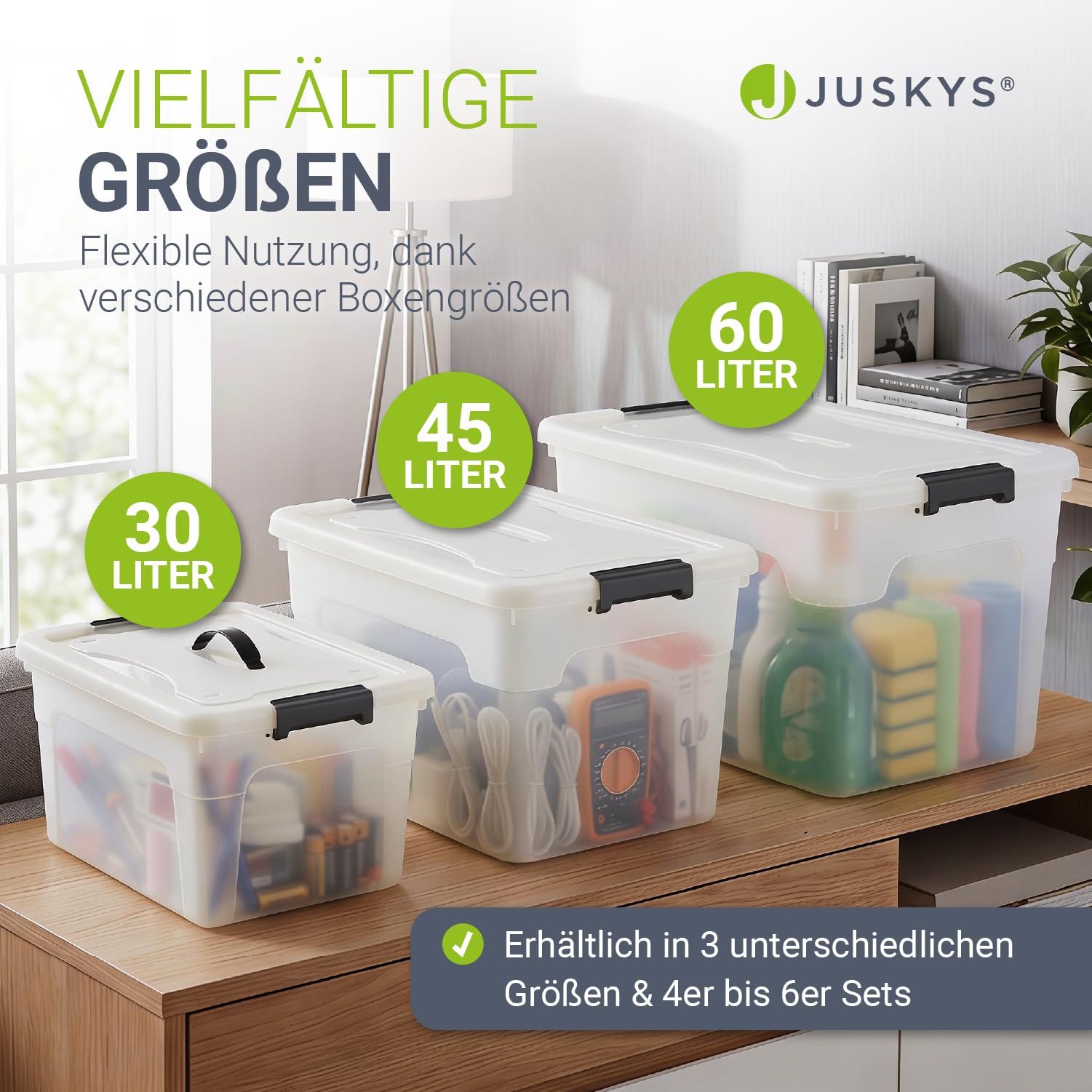 Juskys Aufbewahrungsbox mit Deckel - 4er Set Kunststoff Boxen 45l - Box groß, stapelbar, transparent - Aufbewahrung Ordnungssystem Aufbewahrungsboxen 7