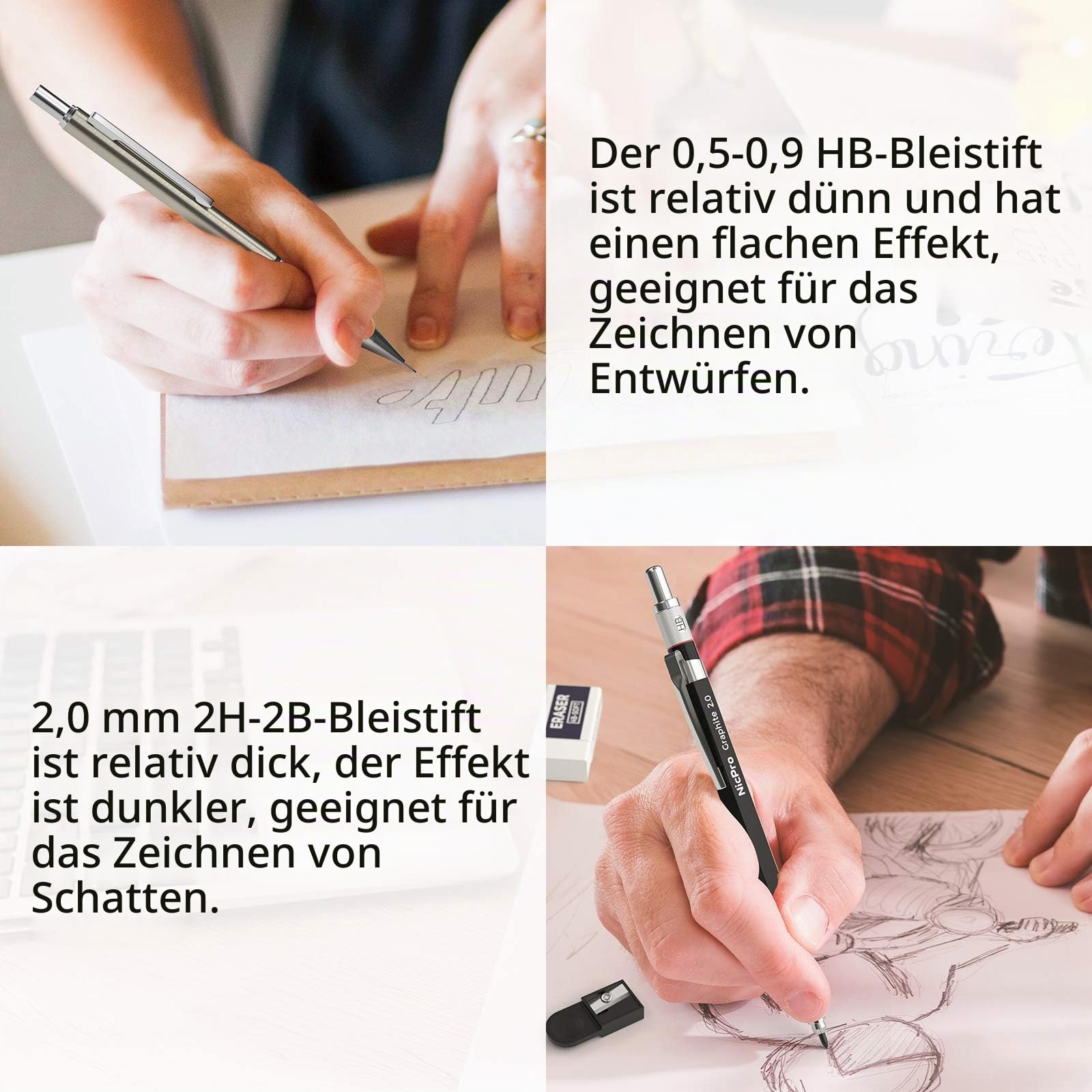 Nicpro 30 Stück Kunst Druckbleistifte Set mit Ledertasche, Metall Bleistifte 0,5, 0,7, 0,9, 2 mm mit 16 Tuben (6B 4B 2B HB 2H 4H CR) Minen (Schwarz und Farben), Zeichenstifte für Skizzieren, Zeichnen 6